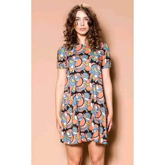 Nooworks Louise Mini Shift Dress 70s Print Colorful Art-to-wear Rayon | XS EUC - Picture 8 of 8